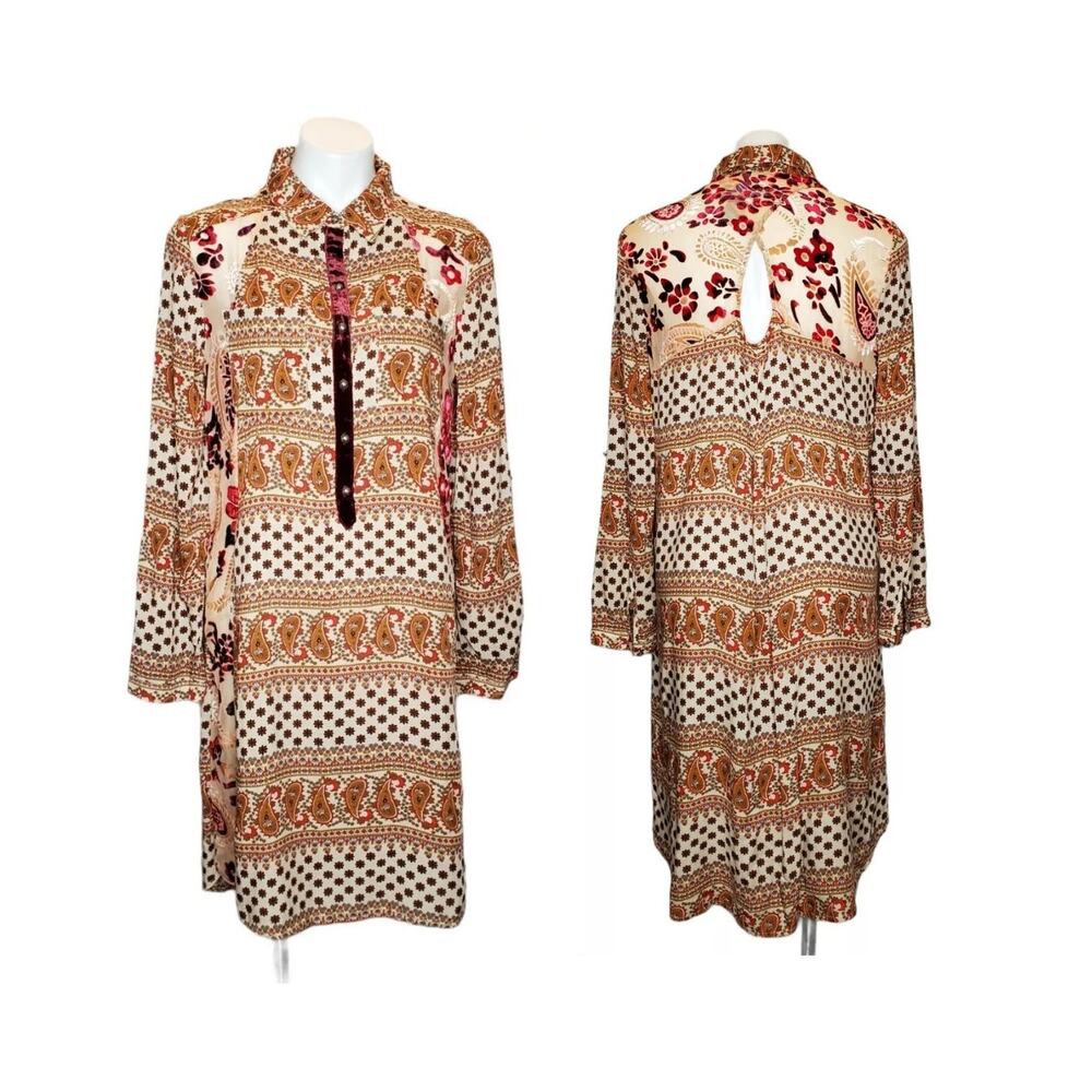 Aratta Silent Journey Anthro Floral Paisley Mixed Media Long Sleeve Tunic Dress